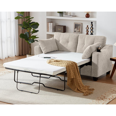 Pull Out Sofa Bed, Sleeper Sofa, 2-In-1 Convertible Corduroy Couch with USB Charging, Memory Form Couch for Living Room, Apartment and Small Space by Latitude Run
