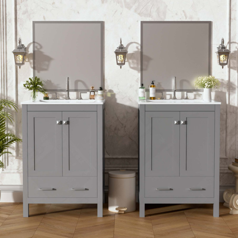 Meuble-lavabo de salle de bain avec lavabo encastré intégré, armoire de rangement, portes à fermeture en douceur, tiroir divisé et tablette à double couche pour un rangement polyvalent