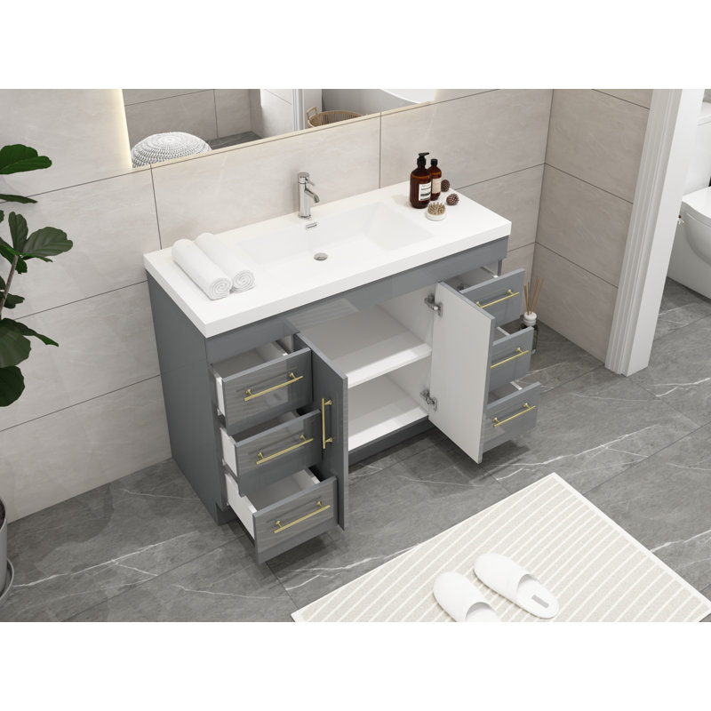 Carliss 48'' Single Bathroom Vanity with Acrylic Top, Glossy Gray, Gold