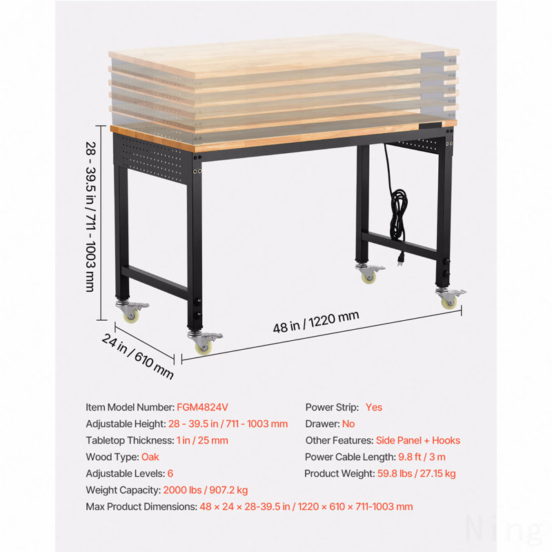 Workbench On Wheels Adjustable Height Table With Power Outlet & Pegboard, 28" H x 53.35" W x 25.2" D