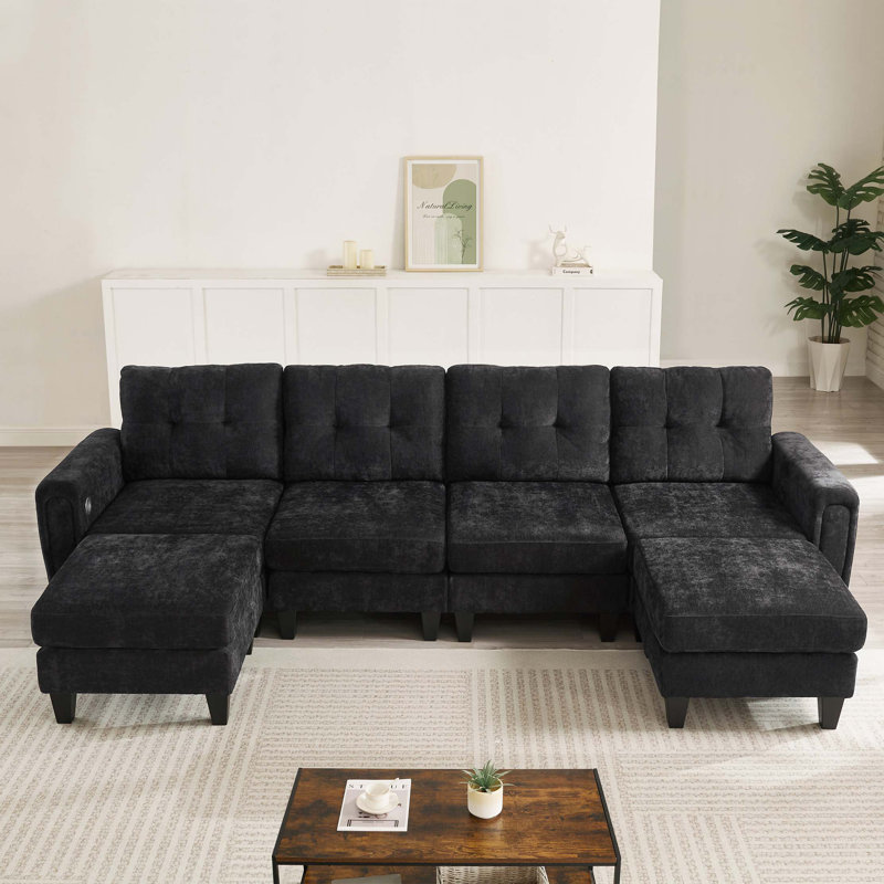 Canapé modulaire moderne en U de 115 po avec deux repose-pieds, ports USB et tables d'appoint, Noir