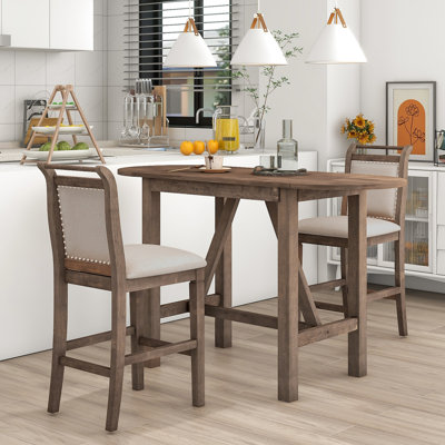 3-Piece Wood Counter Height Drop Leaf  Dining Table Set with 2 Upholstered Dining Chairs for Small Place
