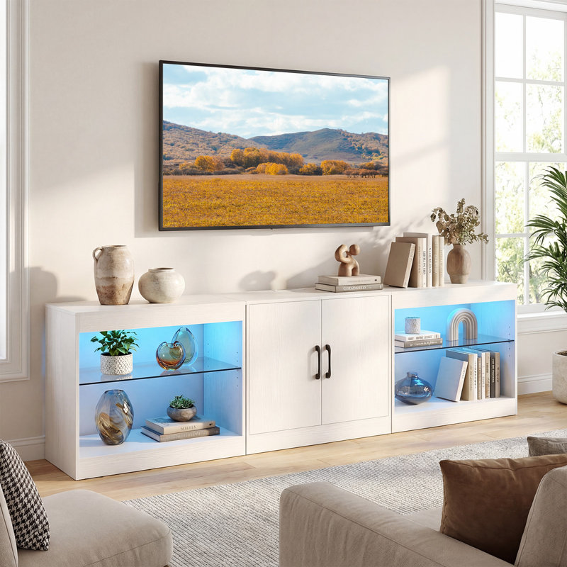 TV Stand with Power Outlets Adjustable LED Lights Storage Cabinet for TVs up to 85” White, White