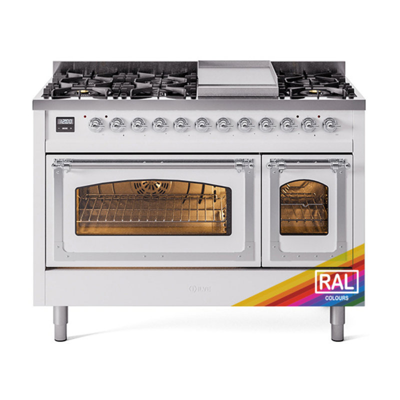 ILVE Nostalgie II Series Noblesse 48 inch Dual Fuel Range with 8 Sealed Burners, Griddle (Glass Door), Chrome, Natural Gas