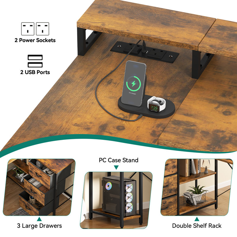 L-Shaped Computer Desk With 4 Drawers, Gaming Desk With Power Outlet And Monitor Stand, Corner Desk, Brown/Black