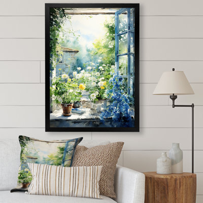 Green and blue countryside window Charm II - Farm Windows Canvas Wall Art