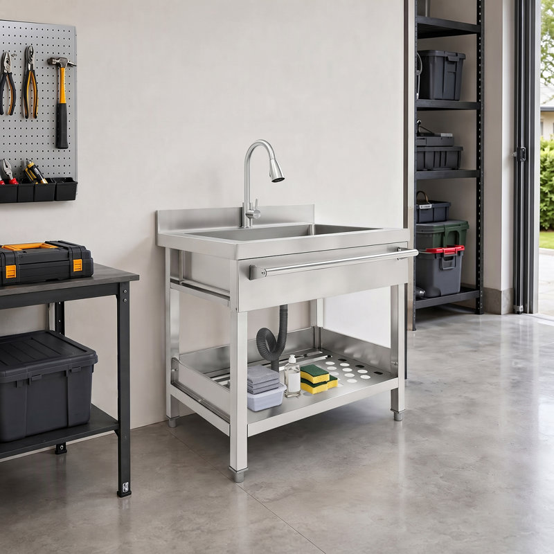 Freestanding Commercial Restaurant Kitchen Sink With Pull-Out Faucet