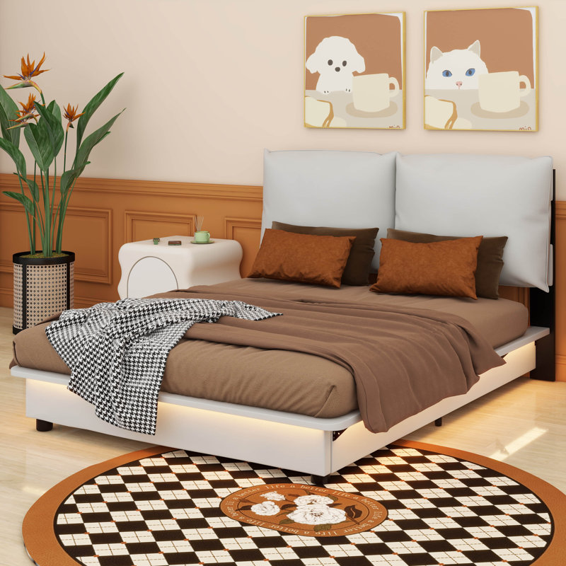 Kayri Upholstered Platform Bed with Sensor Light and Backrests, White, Queen