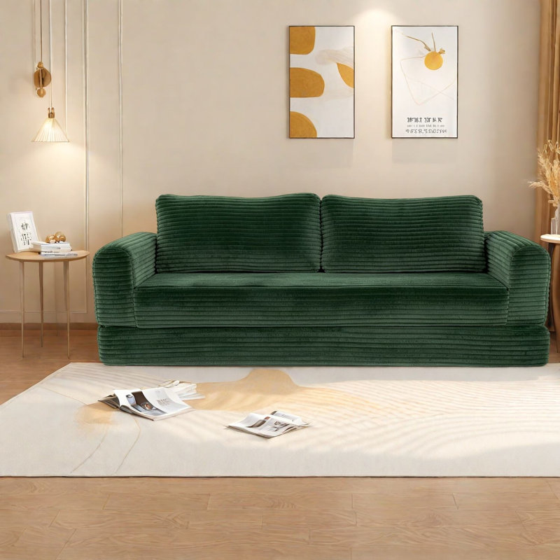 Canapés convertibles à compression avec rangement, 193 cm (76 pouces) en velours côtelé vert, style moderne.