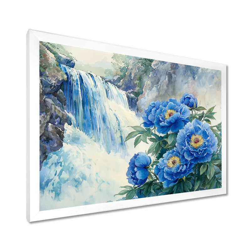 Pivoines par la cascade II - pivoines, art mural, H 12 po x l 20 po, Reproduction encadrée, Blanc