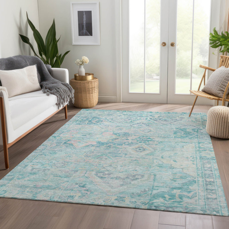 Machine Washable Indoor/Outdoor Cinead ACN1664 Teal Rug, Rectangle 5' x 7'6"