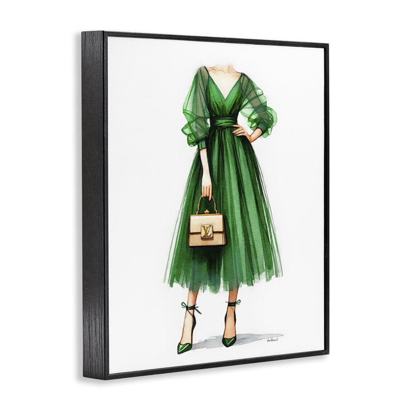 «Green Gown Fashion Girl», estampe numérique par Amanda Greenwood, Giclée encadrée noir minuit, H 20 po x l 16 po