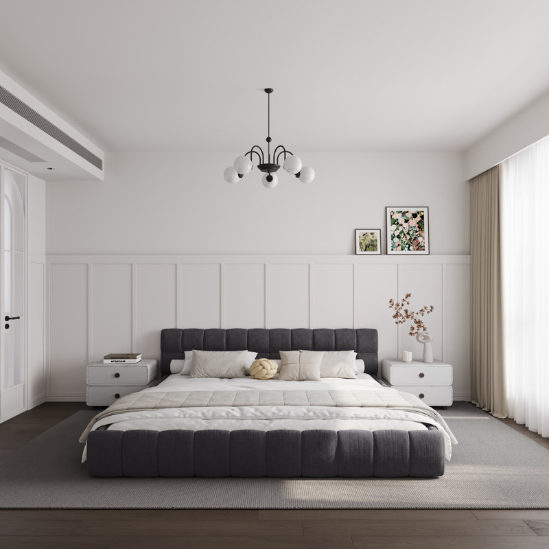 Chenille Upholstered Bed Frame With Headboard, Gray, King