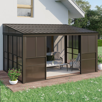 10 pi. L 14 pi. D Pavillon de jardin d'extérieur incliné, abri de patio fermé avec portes coulissantes, toit en acier galvanisé et panneaux muraux en polycarbonate, cadre en aluminium pour la cour arrière