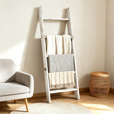 Farmhouse Blanket Ladder for Living Room, 5-Tier Wall-Leaning Blanket Holder, Wooden Quilt Rack with Rustic Finish, Decorative Ladder Shelves for Towe