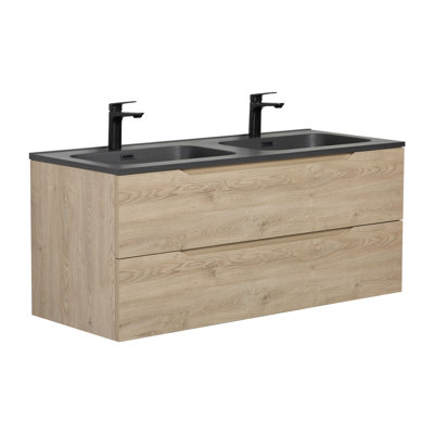 WOODBRIDGE 47-1/4" Wall Mounted Floating Bathroom Vanity In Evita Oak Wood Finish With Black Quartz Sand Composite Top And Double Sink