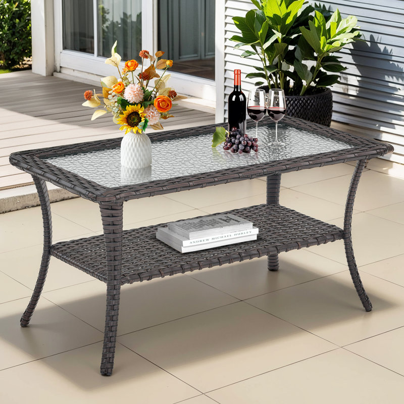 Table basse d'extérieur en osier toutes saisons avec rangement Carolina D, Brun
