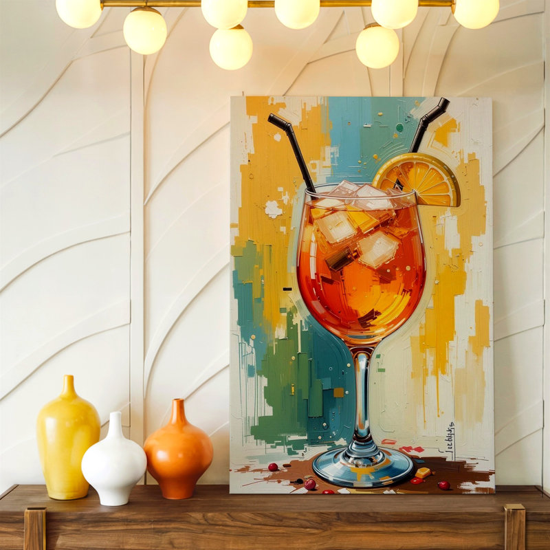 Abstrait cocktail en verre orange tranche boisson barre de cuisine sur toile, impression abstraite moderne pour la cuisine salle à manger coin-repas coin galerie décoration murale