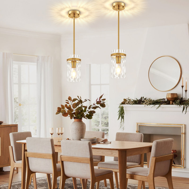 1 - Light Gold Modern Pendant Light with Cylinder Clear Hammered Glass Shade, Gold