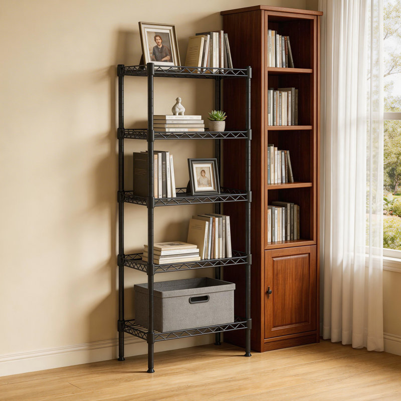 5 Tier Metal Wire Shelving Unit In Black, Suitable For Living Room, Bedroom, And Laundry, With 5.12 - Inch Vertical Poles 1.18 1.37 Shelves, Heavy Duty Design, Easy Tool Assembly, Baked Paint Scratch