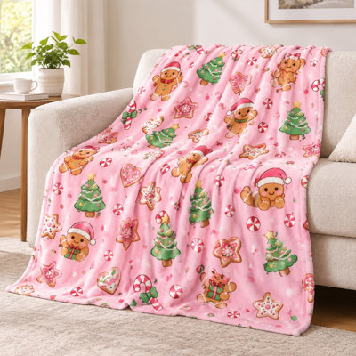 1Pcs Gingerbread Man and Christmas Tree Print Flannel Blanket – Cute Holiday Pattern;Soft CozyPerfect for Kids' Room Living DecorMachine WashableIdeal Sofa, Bed, TravelAdds Festive Charm to Your Home. Bedding it