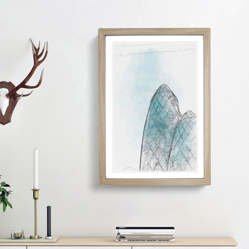 The Gherkin Building in London in Abstract - Picture Frame Graphic Art Print, 87cm H x 62cm W x 2cm D, Oak Framed