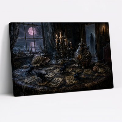 Tableau sur toile d'Halloween avec cartes de tarot, bougies et mer au clair de lune
