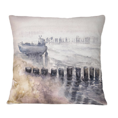 Bateau de pêche dans le port - Coussin décoratif imprimé nautique et côtier