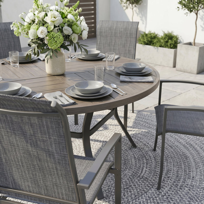 Ensemble de salle à manger de patio 6 personnes avec chaises empilables Textilene, Gris / gris bois brossé