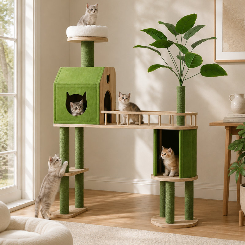 Arbre à chat en bois de 147 cm avec grande niche, perchoir supérieur et support pour plante artificielle