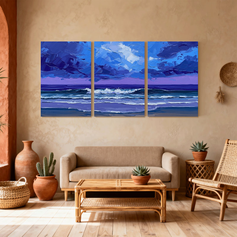 Nautique et plage, vagues de l'océan sous un ciel mauve, ensemble de 3 impressions sur toile, H 18 po x l 36 po