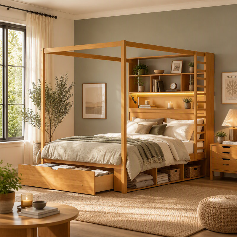 Lit à baldaquin en bois massif avec tête de lit bibliothèque, prises USB et éclairage DEL RVB intelligent, sommier avec rangement sous le lit, tiroir au pied du lit et garde-robe réversible, finition noyer