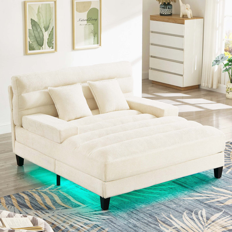 Canapé-lit en chenille avec dossier réglable et bande lumineuse à DEL intégrée pour le salon Chenille, Beige