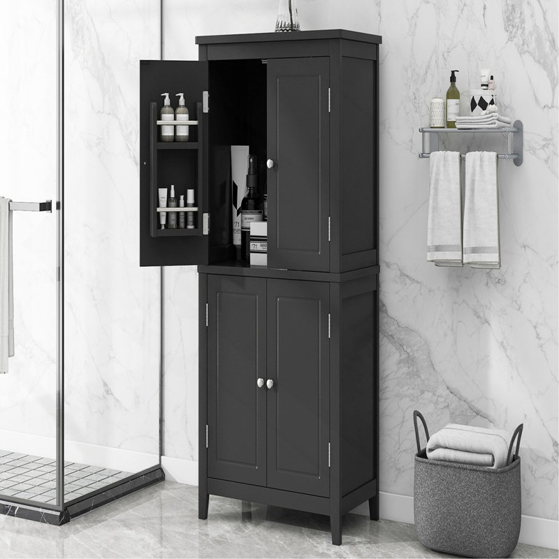 Armoire de rangement pour salle de bain - 4 portes avec tablettes réglables noires, Naturel