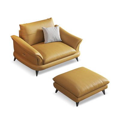 Chaise avec accoudoirs évasée jaune en cuir véritable avec repose-pieds