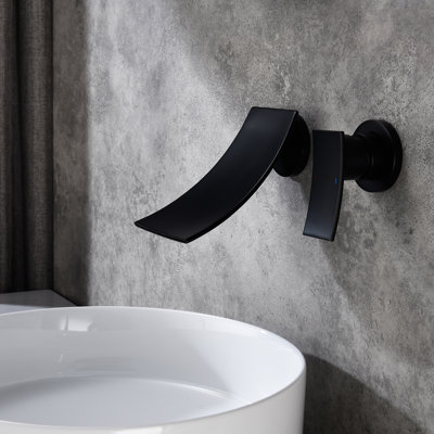 Robinet de salle de bain mural noir mat, bec large, réglage précis de la température et du débit de l'eau, s'adapte au robinet à large entraxe des lavabos en noir, contrôle précis de la température