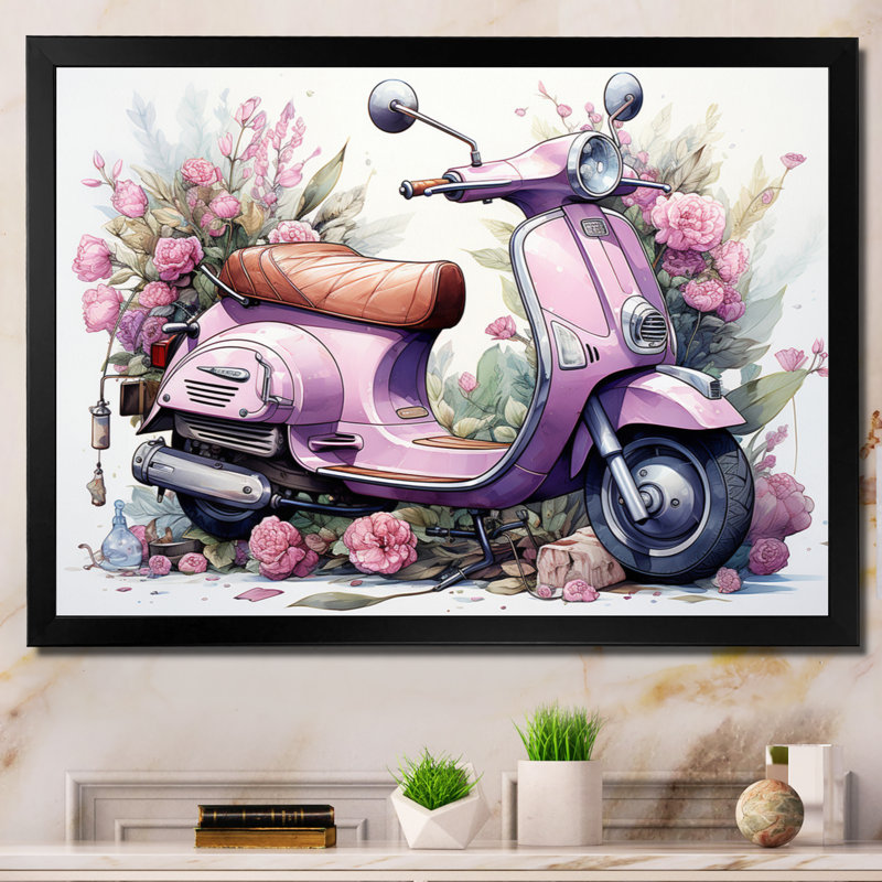 «Pink Scooter Floral Fantasy II», reproduction sur toile, Cadre simple noir, H 30 po x l 40 po x P 1,5 po