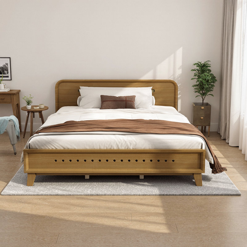 Pine Solid Wood Queen Bed - Rustic Yellow, No Box Spring Needed, Solid & Stable, Queen