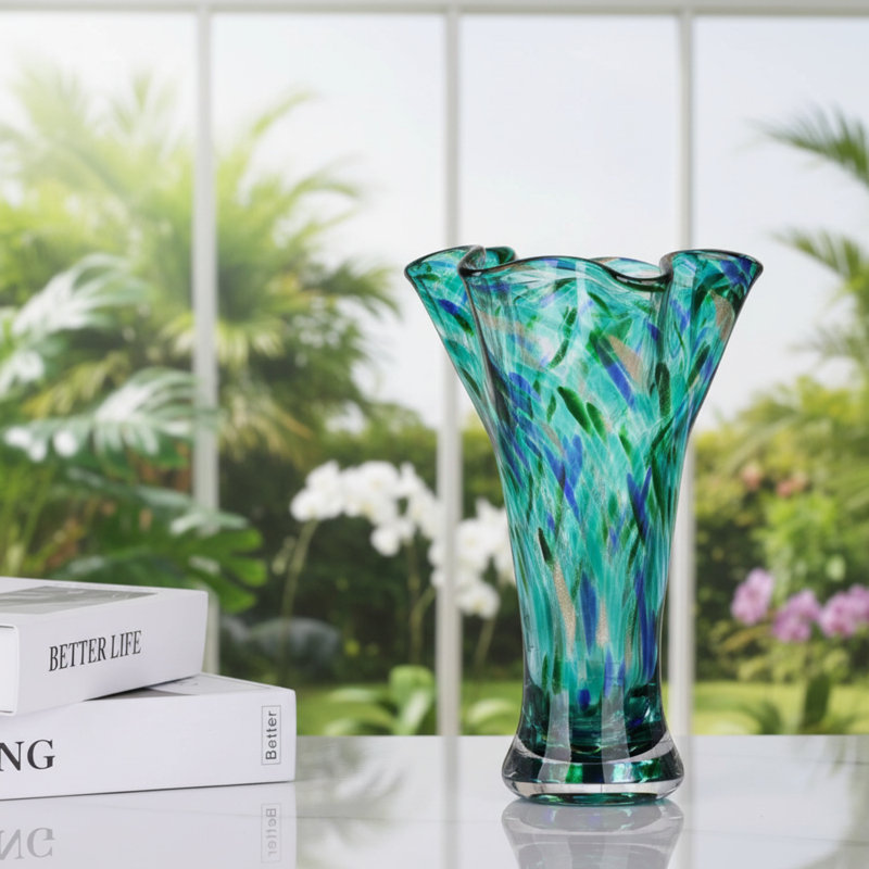 Hand-Blown Wide-Mouth Colored Vase, 9-Inch Teal Version, A Versatile Decorative Item For Living Rooms, Offices, And Dining Tables.