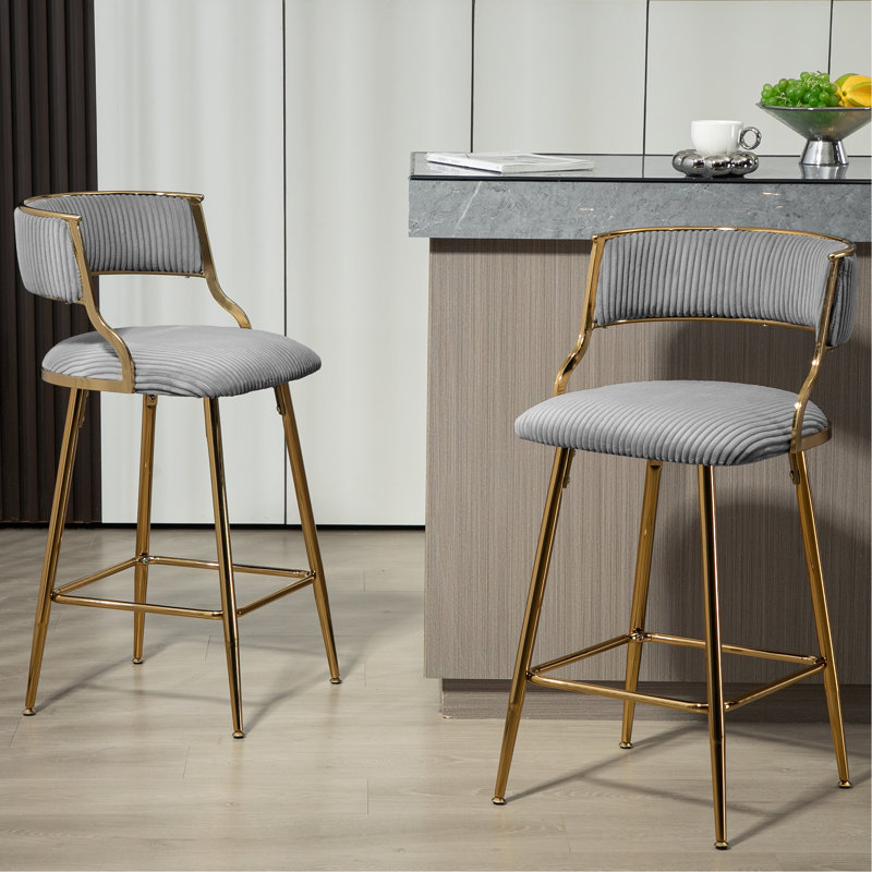 Two Pieces Bar Stools With Chromed Base And Footrest, Gray