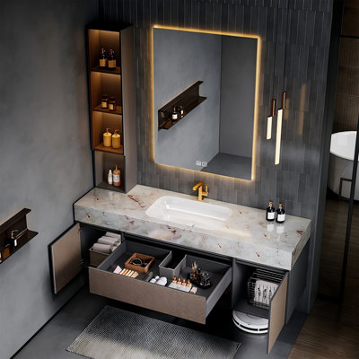 55.12"Brown Sintered Stone Vanity Top Wall-Mounted Bathroom Washbasin Vanity With a Smart Mirror and Side Cabinet