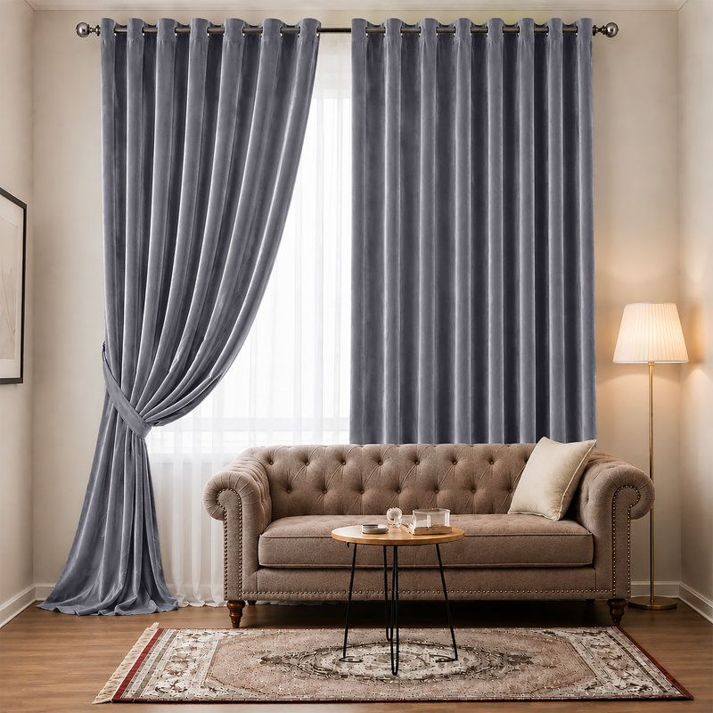 Pittsboro Crushed Velvet Eyelet Windows Panel Curtains, 117cm Width x 137cm Drop, Grey