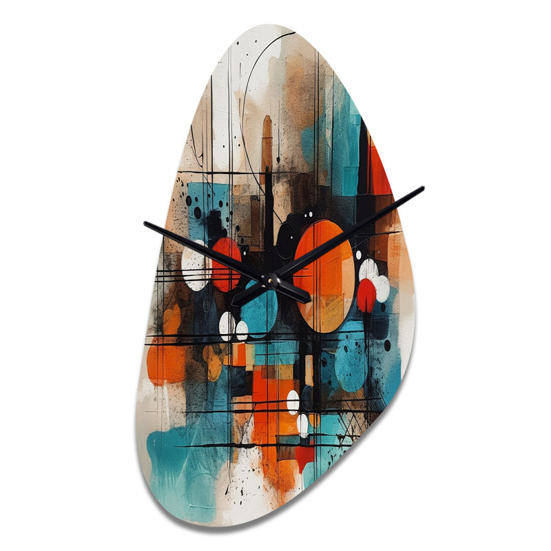 Orange abstrait géométrique Explorations III - horloge murale asymétrique en métal, impression d'horloge murale moderne de forme unique