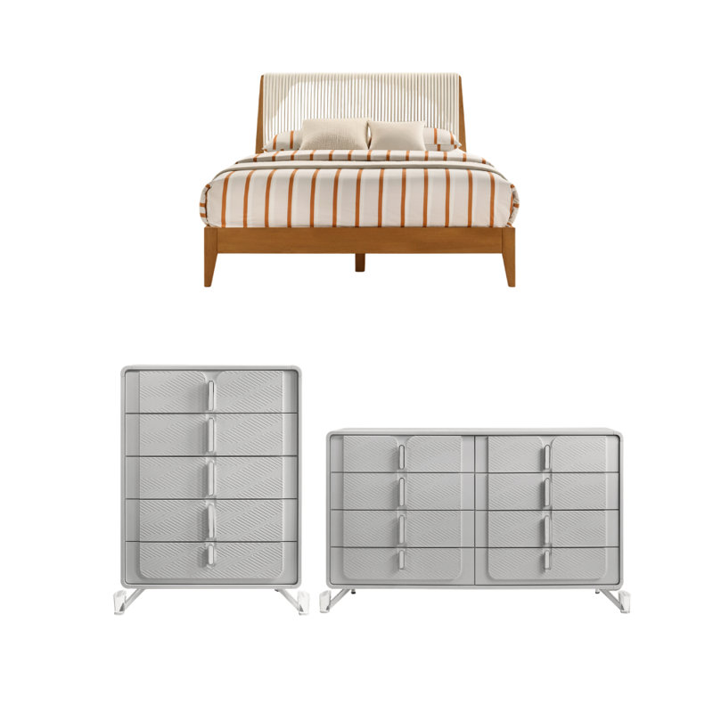 Ensemble de chambre à coucher 3 pièces Avaline, Noyer ambré/Gris froid, Ensemble de trois pièces : lit, commode, chiffonn
