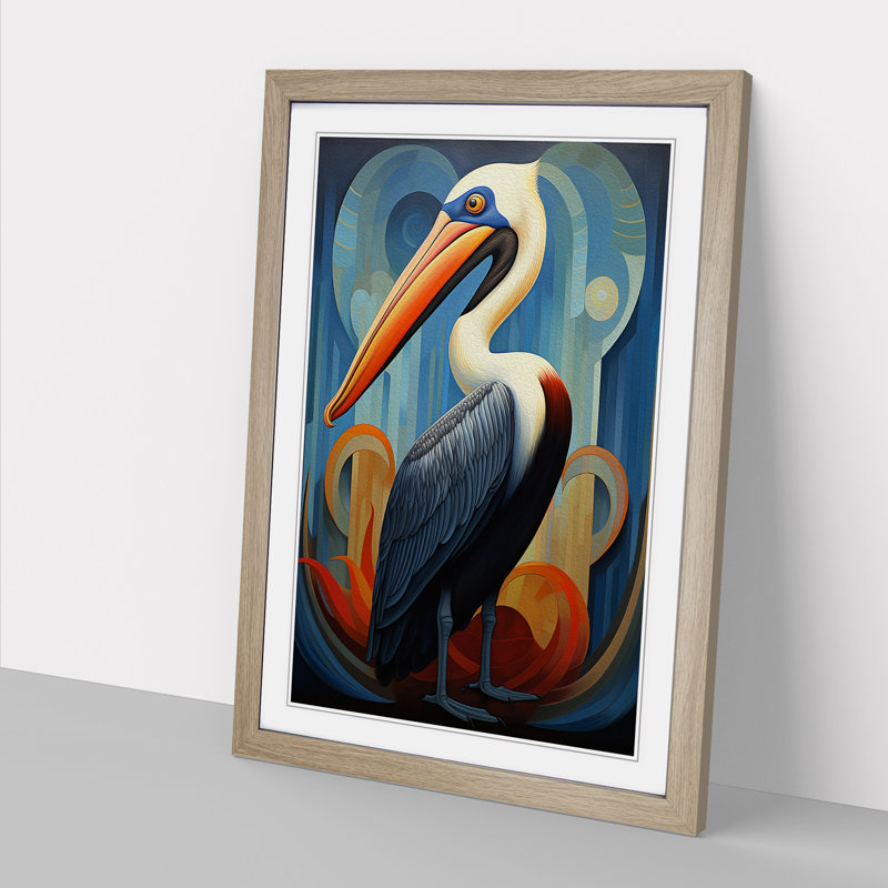 Pelican Art Deco - Single Picture Frame Print on Wood, 64cm H x 46cm W x 2cm D, Oak Framed