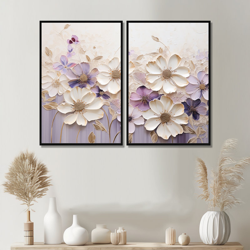 Beige et mauve orné de violettes I - grandes violettes, art mural, Black, 36" H x 48" W, Impression encadrée flottante