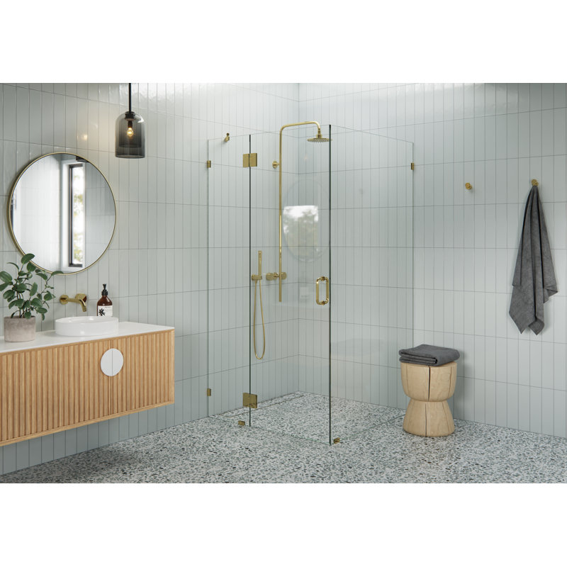 Halo 39 in. x 39 in. x 78 in. 90-degree Fully Frameless Glass Hinged Shower Enclosure, Polished Brass