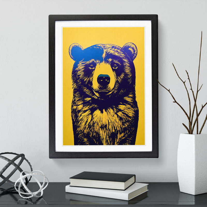 Block Print Bear - Wall Art, Black Framed, 66cm H x 48cm W x 2cm D, White