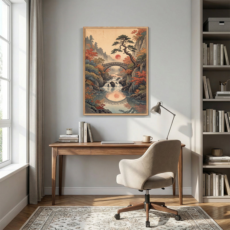 «Stone Arch Bridge Over Waterfall in Autumn Forest», art mural sur toile, H 48 po x l 36 po
