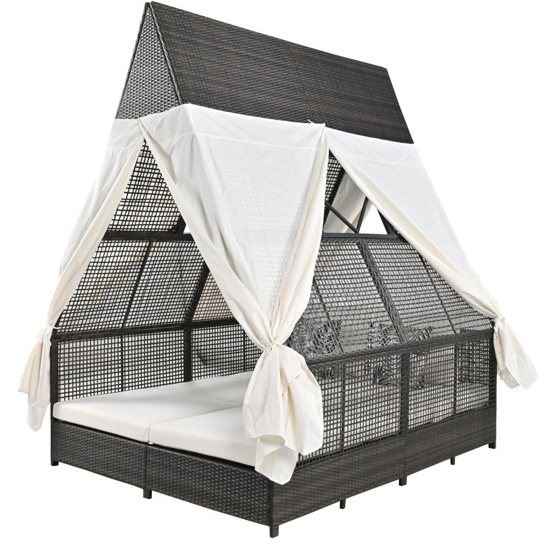 Outdoor Daybed, Patio Lounge Bed with Adjustable Backrest, Curtains & 4 Pillows for Poolside & Balcony, Cream